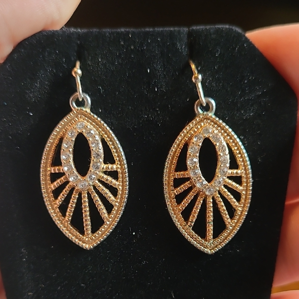 Gold-Tone Filigree Drop Earrings with Crystal Accents